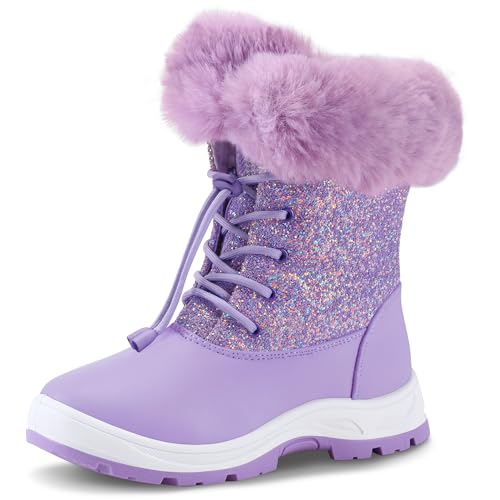 K KomForme Girls Glitter Snow Boots Kids Bungee Lacing Warm Faux Fur-Lined Anti-Slip Outdoor Winter Shoes Toddler/Little Kid/Big Kid