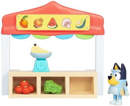Mini sets de jeu Bluey . Set de jeu Bluey Le stand de marché . Inclus : figurine Bluey articulée, sac de courses, accessoires et billets
