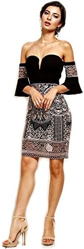 Crazy4Bling Soieblu, Black &amp; Taupe Embroidered Detail Off-The-Shoulder Mini Short Dress, Medium