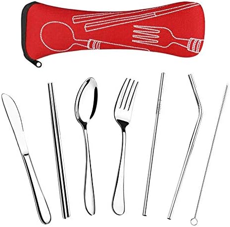 eujiancai 7 Pieces Camping Travel Cutlery Set for 1, Stainless Steel Cutlery Utensils with Neoprene Case, Portable for BBQ Outdoor Picnic Dinner Work Lunchbox (Red)