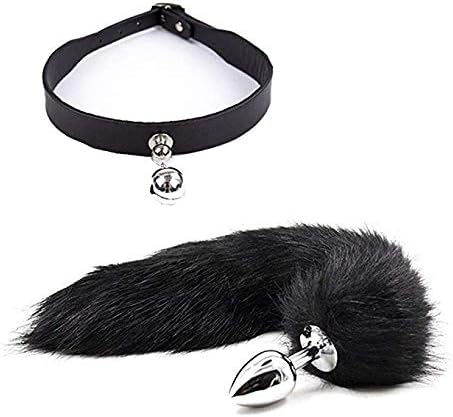 Hihappiness Adjustable PU Leather Woman Bell Collar Leather Choker Fox Tail B-ütt an-âl Pl-ùg T-ö-ys Black