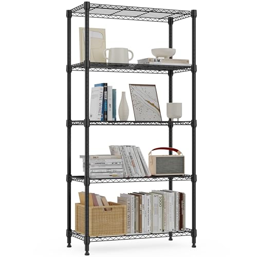 M MZG Heavy Duty Metal Shelving Unit 5 Levels up to 567 kg Adjustable Shelves for Garage, Workshop and Warehouse, Studio, Black, 30 x 75 x 151 cm