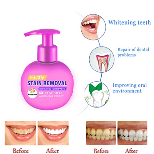 Strengthening Stain Removal Gel Toothpaste Teeth Whitening Toothpaste Fight Bleeding Gums White Toothpaste, Natural, Vegan, Paraben-Free, Anti-Cavity, Pump Packaging (Rambutan)