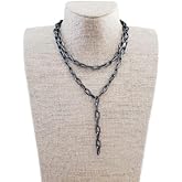 Gunmetal Paperclip Chain Necklace Lariat Double Layered Thick Black