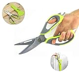 Multifunction Stainless Steel Kitchen Sissors Quick and Easy Cooking Can Openner,Nut Cracker with Magnetic Holder (GREEN)