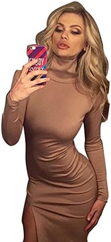 SoForYou SFY Fashion Women Turtle Neck Long Sleeve Side Slit Bodycon Pencil Dress