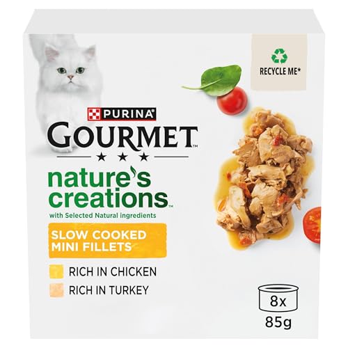 GOURMET Natures creations (Rich in Chicken, garnished with spinach & tomatoes and Rich in Turkey, garnished with spinach and parsnip) Wet Cat Food Can 8x85g