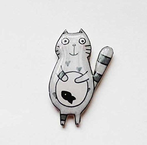 Grey Cute Cat with fish brooch Cat gift idea For cat lovers Gift ideas for girls Gift ideas for her Animal jewelry Cat jewelry for girls Cat jewelry for women Personalised gift idea Animal lovers