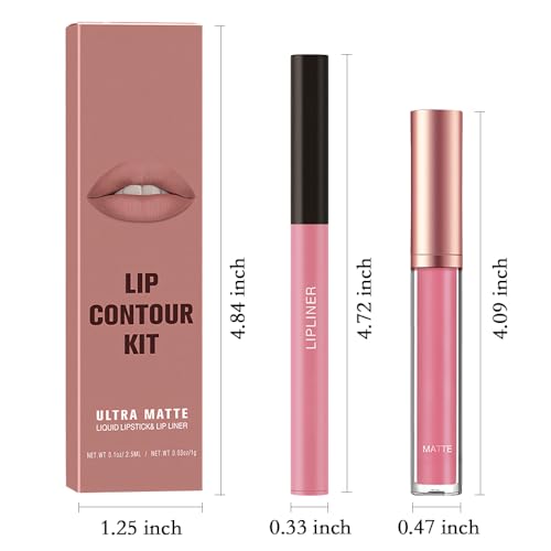 2PCS NUDE COLOR MATTE LIQUID LIPSTICK AND LIP LINER PENCIL SETS, HIGH PIGMENTED RETRACTABLE LIPLINER FOR DAILY MAKEUP, WOMEN LONG LASTING SMUDGE PROOF LIPSTICK AND LIP LINERS COMBO PENCIL