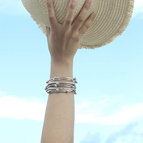 FANCY SHINY Bead Leather Bracelet Boho Wrap Bracelet Layered Rhinestone Cuff Bracelet with Magnetic Clasp,7.5"(Rose Gold)