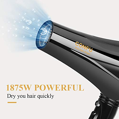 Professional Ionic Hair Dryer, CONFU Powerful 1875 Watt Ceramic Salon Blow Dryer Negative Ions Cool Shot Button Hairdryer 2 Speed 3 Heat Settings with Concentrator Nozzle Diffuser for Men and Women