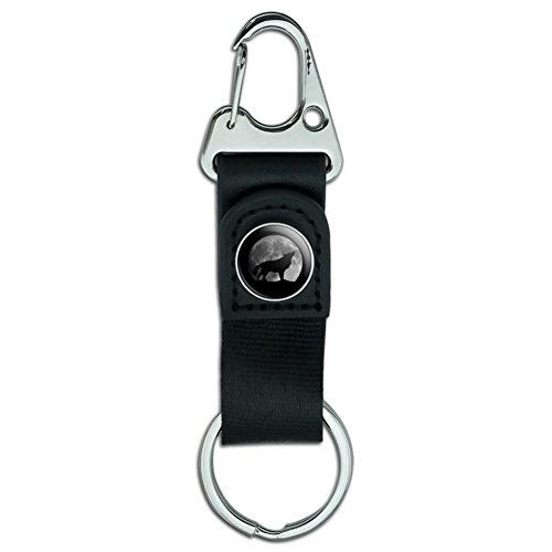 Wolf Howling Moon Silhouette Belt Clip-On Carabiner Leather Fabric Keychain Key Ring