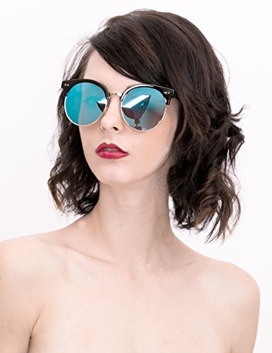 O2 Eyewear 97018 Premium Oversize Cats eye Womens Mens Mirror Funky Flat Sunglasses (BLACK, BLUE/ size L)
