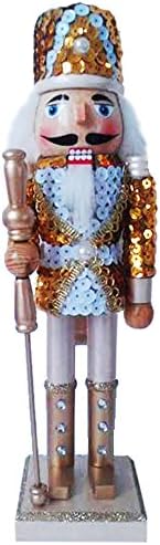 Christmas Holiday Wooden Nutcracker Figure Soldier Doll with Traditional Gold & White Sequin Jacket Uniform, Gold Staff, Gold Boots, and Gold & White Sequin Hat with Rhinestone Details, Large, 12 inch