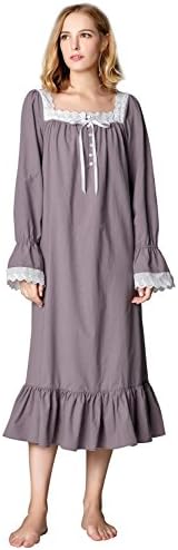 Mamamiya Women's Cotton Long Sleeve Sleepwear Victorian-Style Nightgown With Lace Trim (XL, Lilac)
