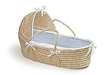 Hooded Moses Basket Natural/Blue Waffle