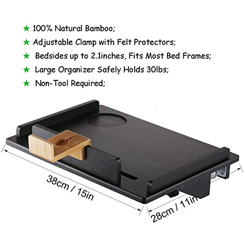 Bedside Shelf for Bunk Bed, Bamboo Attachable Bed Shelf, Great Use as Kids Nightstand, Dorm Room Bed Tray for Students, Organizer for Laptop, Phones, Tablet, Toys, Drink, Clock - Black