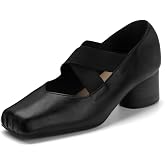 MAVMAX Mary Jane Ballet Heels for Women Square Toe Pumps with Elastic Strap | 1.97in Mid Block Chunky Heel, Closed Toe Pumps, Slip On Comfortable Shoes for Dress Casual Work Business Office