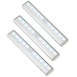 Hallomall Aluminum Shell 10 Led Wireless Battery Powered Pir Motion Sensor Lights with Magnetic Strip, Pack of 3