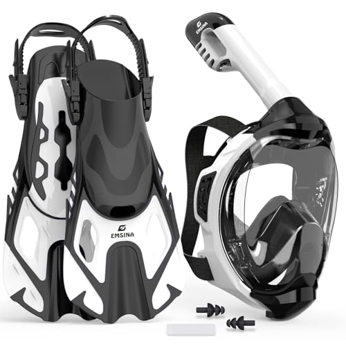 EMSINA-Full Face Snorkel Mask fins set for Adults and Kids, Upgrade Dry Top Breathing System-New flowtech design- Foldable Panoramic View, Anti Leak&Fog_