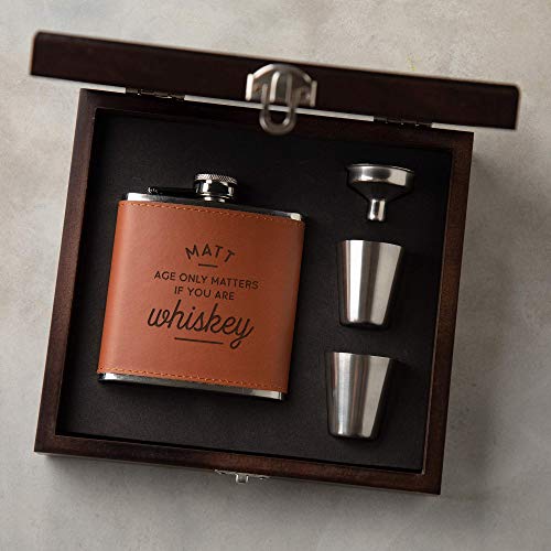 Personalized-Age-Only-Matters-Hip-Flask-Set-Unique-40th-50th-60th-Birthday-Gift-Whiskey-Gifts-for-Men-Engraved-Vegan-Leather-6oz-Alcoholic-Drink-Container-With-2-Cups-and-Funnel