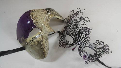 Masquerade Couples Venetian Impression Elegantly Design Masks - 2 Piece Purple Colored Set