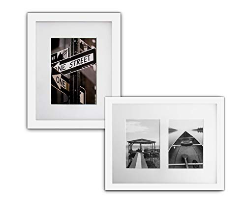 The Display Guys~ 2 Sets 8x10 Inch White Picture Frame Made of Solid Pine Wood and Real Tempered Glass, Luxury Made Affordable, With White Core Mat Boards 2 for 5x7 Photo + 2 for 2-4x6 Photos (White)