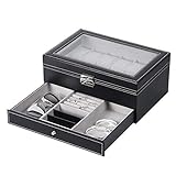 NEX Watch Case Organizer, Double-Layer Watch Box with Display Glass and Jewelry Tray Drawer