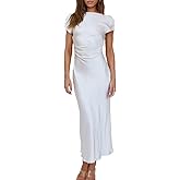 Gmeitoey 2026 Satin Cap Sleeve Cowl Back Summer Dresses for Women Elegant Ruched Waist Wedding Guest Midi Dress