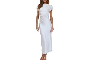 GMEITOEY 2023 Satin Cap Sleeve Cowl Back Summer Dresses for Women Elegant Ruched Waist Wedding Guest Midi Dress