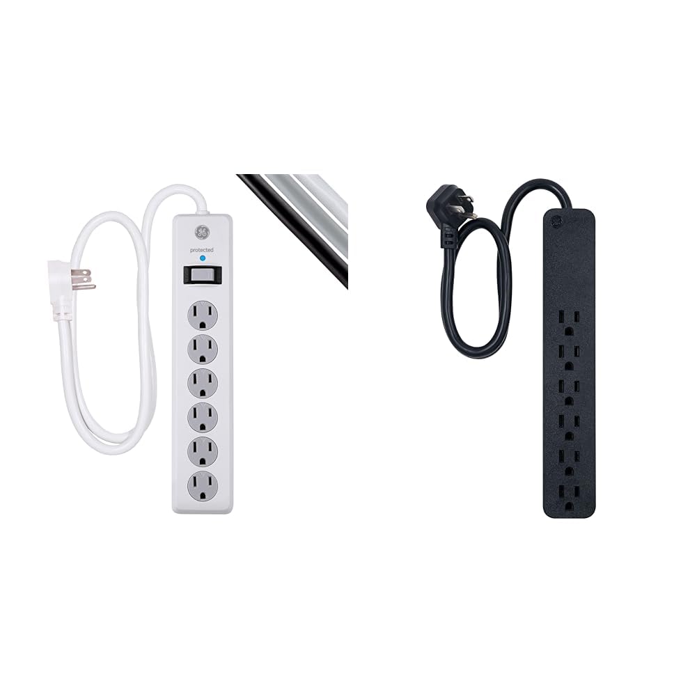 GE 6-Outlet Surge Protector, 4 Ft Extension Cord, Power Strip, 800 Joules, Flat Plug & Pro 6-Outlet Surge Protector, 2 Ft Extension Cord, 620 Joules, Power Strip, Flat Plug
