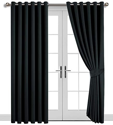 Imperial Rooms Window treatment Blackout Eyelet Curtains Pair of thermal insulated readymade (Black / 90x108) Ring top for Plain Room darkening Living Rooms Window blinds with Two Tie Backs