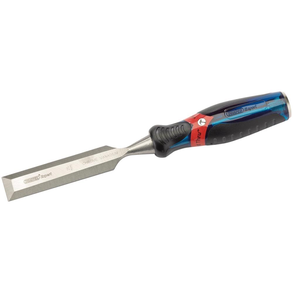 Draper 24408 Expert Bevel Edge Wood Chisel, Soft Grip with 'Pound Thru' End Cap, 25mm, 34.5cm x 4.8cm x 3.1cm, Blue