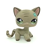 Littlest Pet Shop LPS Gray Short Hair CAT Green Eyes Blue Flower Toy #483