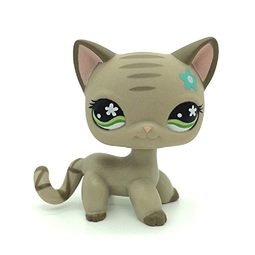 Littlest Pet Shop LPS Gray Short Hair CAT Green Eyes Blue Flower Toy #483