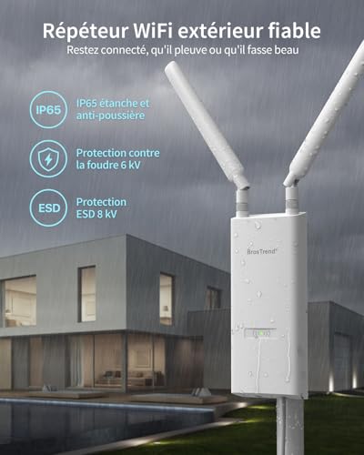 BrosTrend AC1200 Repeteur WiFi Extérieur Longue Portée avec Port POE Gigabit, Amplificateur Sans Fil Exterieur Double Bande 867Mbps 5GHz & 300Mbps 2,4GHz, IP65, Répéteur WiFi pour Jardin, Yard, Caméra