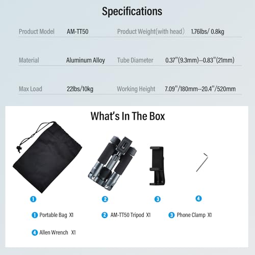SIRUI Compact Mini Desktop Tripod, 20" Aluminum Portable Small Tabletop Tripod Stand with 360° Ball Head for DSLR, Camera, Phone, Loaded up to 17.64lbs, Phone Holder Included, AM-TT50
