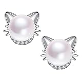 Cat Cute Sterling Silver with Crystal Zircon and AAA Cultured Freshwater Pearl S