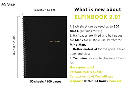 [2018 UPGRADED] Newest Version Elfinbook Everlast Smart Notebook 2.0, Cloud Storage, Evernote Storage, Water-to-Erase, Mind Map, Reusable Notebook, Pilot FriXion pen,100 pages, A5, 5.8 x 8.6-inch - Thumbnail 2