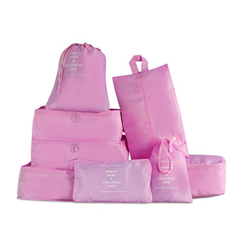 8 Set Packing Cubes - Compression Travel Storage Luggage Organizer Bags for Women Travel Suitcase with Shoes Bag (PInk)
