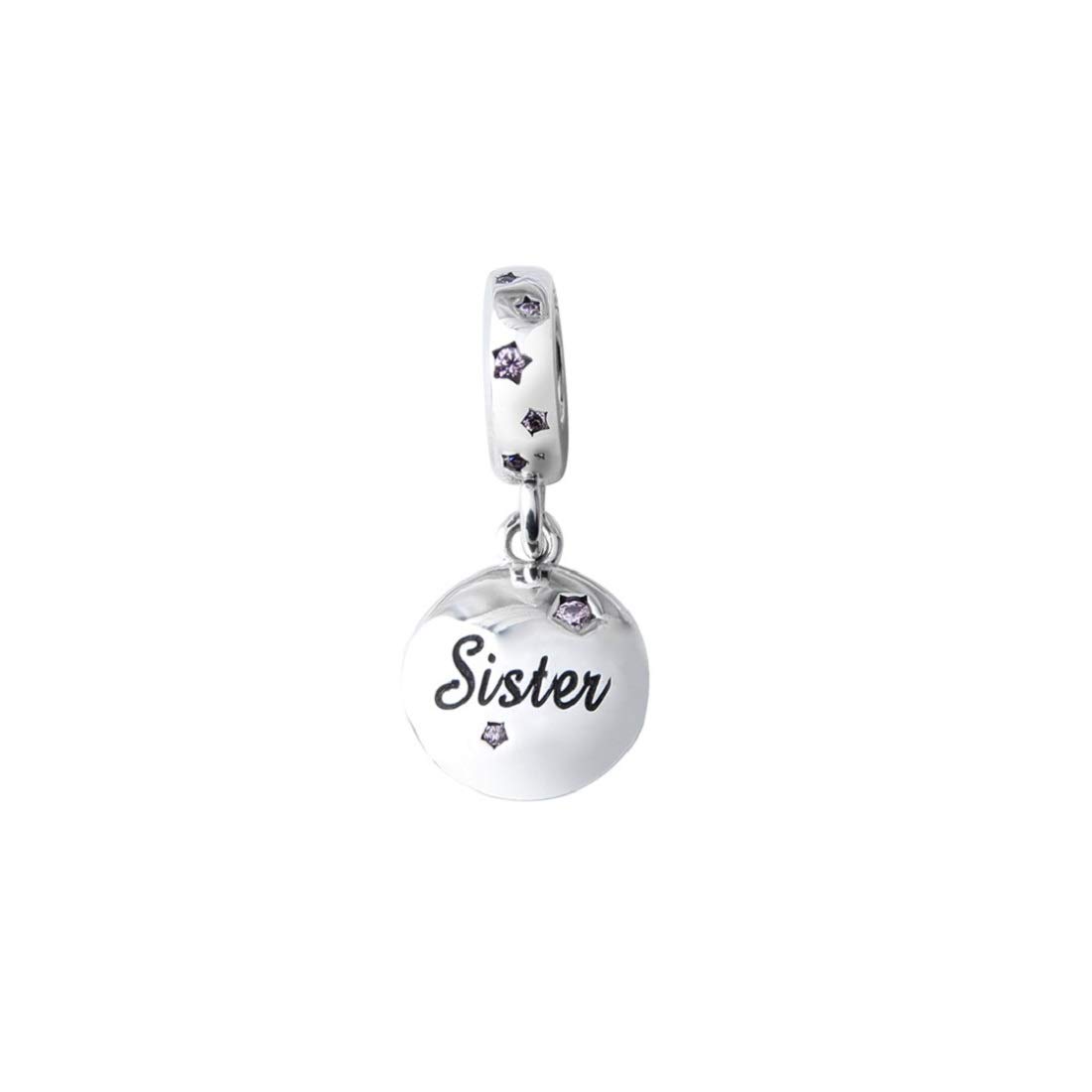 FeatherWish Family And Friends Memento 925 Sterling Silver Engraved Pendant Dangle Disc Charms With Cubic Zirconia Compatible With Pandora Bracelet European 3mm Charm Bracelets And Necklace (Sister)