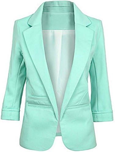 Faddish Women's Cotton Basic Boyfriend Ponte Rolled Blazer Jacket Suits Light Green L