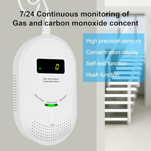Scondaor 2-en-1 Gas and Carbon Monoxide Detector with LCD Display - Mains Powered, EN 50291 and EN 50194 Certified, Detects Fuel Gases (Methane and LPG) and CO, 1 Piece