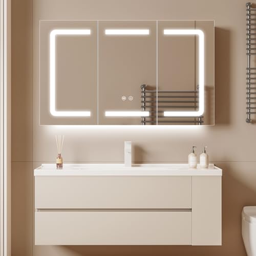 Photo 1 of Black Bathroom Mirror Medicine Cabinets with LED Lights, Wall Mounted Mirror Medicine Cabinet with Adustable Shelf, Shaver Socket and Plug, 3 Doors, Anti Fog, Dimmable, Memory Function, 40 x 24 inch