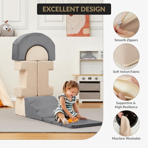 Garvee 7-Piece Toddler Climbing Toys, Indoor Soft Foam Play Blocks for Baby, Montessori Soft Play Set with Slide, Stairs & Ramp, Indoor Playground for Toddlers 1-3, Nursery & Playroom, Gray & Beige