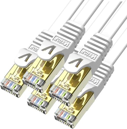 Veetop 3m x 5 Stück Lan Kabel Cat 7 Netzwerkkabel Patchkabel für 10 Gigabit Ethernet, Flexibel und Robust mit vergoldetem RJ45. Weiß
