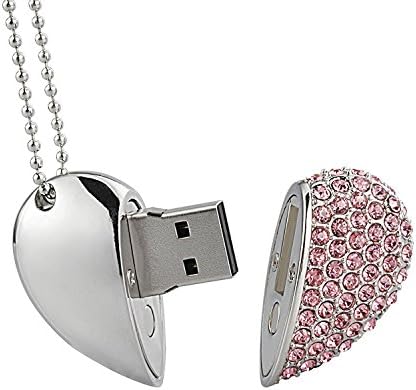 Shooo 128GB Crystal Loving Heart Jewelry USB 2.0 Flash Drive Pendrive with Necklace,Pink