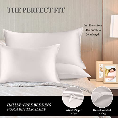 2 PACK SILK SATIN PILLOWCASE FOR HAIR AND SKIN KING SIZE, SOFTER COOLING SILK PILLOW CASE 2 PACKS WITH HIDDEN ZIPPER, SMOOTH SATIN PILLOW CASE COVER, IVORY WHITE 20X36 INCHES