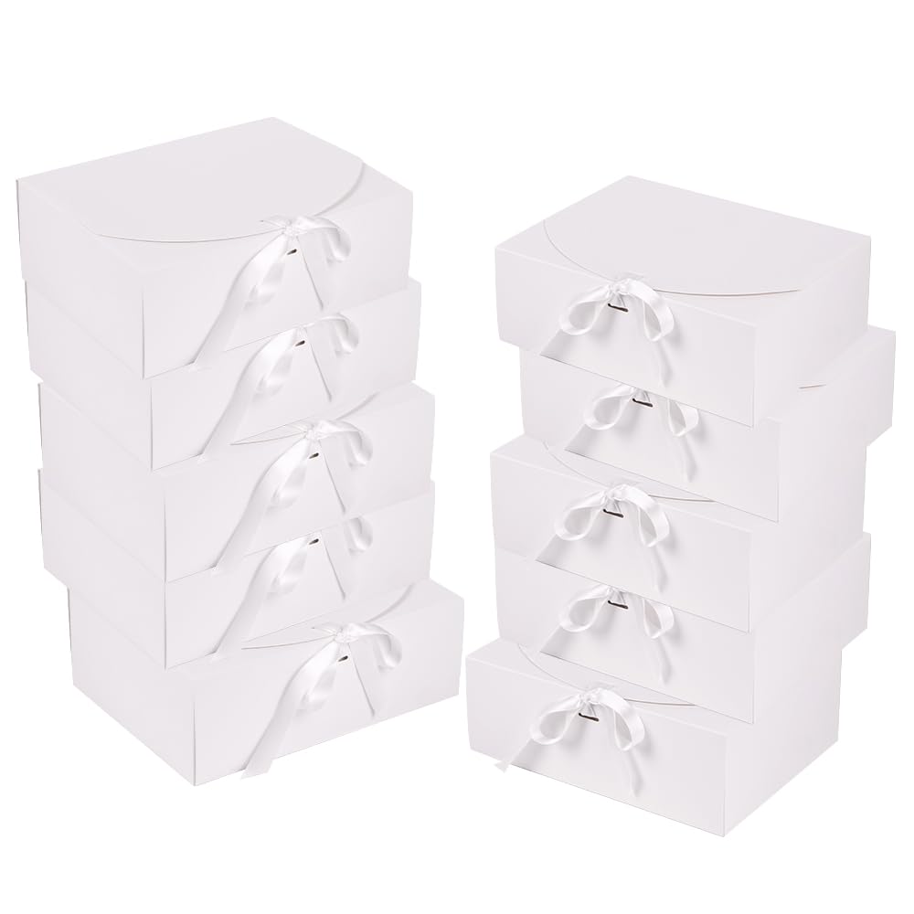 Photo 1 of 10 Pack Gift Boxes with Ribbon 10x7.5x3.5 Inch - Cardstock Wedding Favor Boxes for Bridesmaid Proposals, Birthday & Holiday Gift Packaging (White)