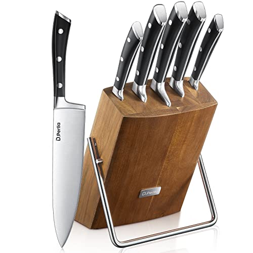 Messerblock Set, 6 teilig Messerset mit Holzblock, Kochmesser Set mit Scharfe Klingen, Edelstahl mit Hohem Kohlenstoffgehalt, Braun